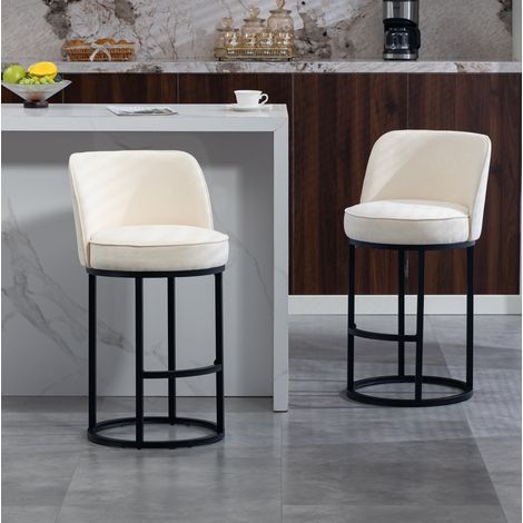 Sgabello da bar in lino beige con schienale ergonomico, base nera, 46,5 x 49,5 x 88,5 cm (1/5)