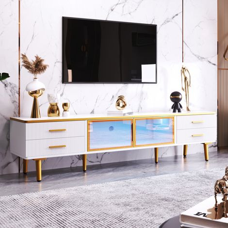 Moderner TV-Ständer aus Marmor, 4 Beine, Schubladen mit goldenen Griffen, braune Türen aus gehärtetem Glas, niedriger TV-Schrank für das Wohnzimmer, 170 x 37 x 47,5 cm