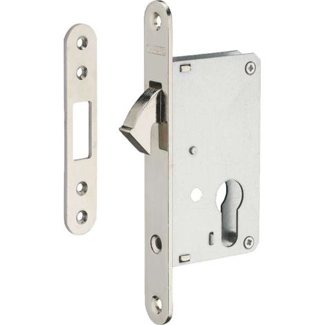 Thirard – Serrure à crochet pour porte coulissante – Axe 40 mm – Décor chromé satiné – Modèle clé I version B – Gâche plate en acier (1/4)