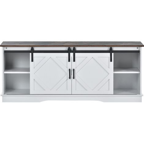 Mueble TV 150 x 40 x 60 cm blanco y marrón con 2 puertas correderas y estantes ajustables (1/5)