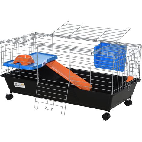Cage rongeurs avec roues habitat furet cochon d'Inde mangeoire abreuvoir rampe toit ouvrant 89x44x43 cm Noir (1/5)