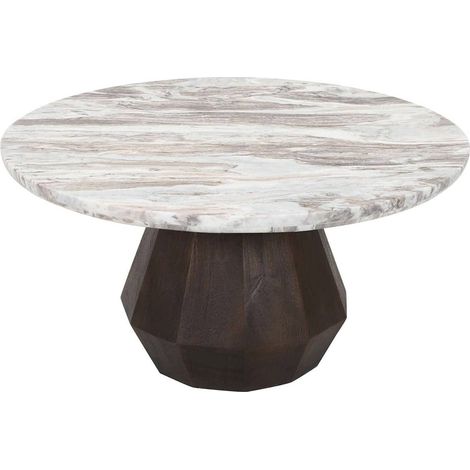 table basse ronde en marbre et bois de manguier brun élégant - marbre beige veinage bois foncé (1/5)