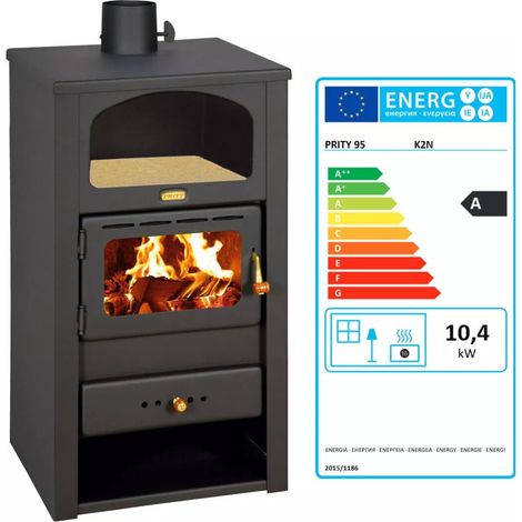 Prity – Poêle à bois 10 kW – Efficacité énergétique A – Pour bois secs ≤20% – Évacuation fumées Ø 130 mm – Dimensions 490x460x900 mm