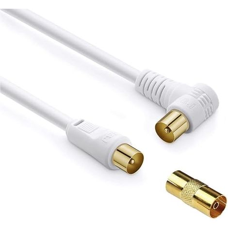 1.8m Male to Male Coaxial TV Antenna Cable, Gold Plated RF Cord, Right Angled Connector with Adapter for, Set-Top Box, Extension