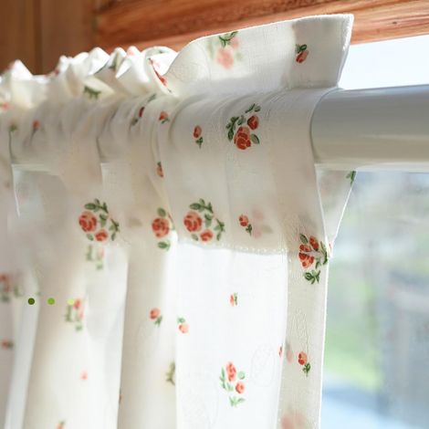 Cortina de algodón para cafetería - Blanca - Estampado floral - Estilo rústico - Cortina corta para cocina, sala de estar, casa de campo, 60 x 45 cm (ancho x alto) (1/5)