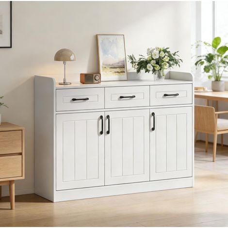 Credenza 120 x 35 x 80 cm con 3 cassetti e 3 ante, in pannelli di particelle, bianco HAVRYA (1/5)