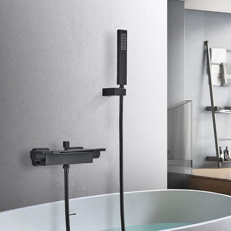 Rubinetto per vasca da bagno, rubinetto per vasca da bagno a cascata, con doccia, rubinetto per bagno a parete, 2 manopole, nero (1/5)