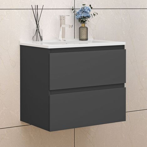 Badezimmer Badmöbel-Set 60cm Unterschrank mit keramik dünn waschtisch 2 Schubladen Anthrazit Matt soft close Selbstmontierter (1/5)