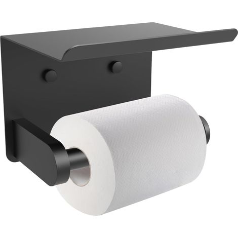 Porte-papier toilette avec étagère, fixation adhésive ou par vis, support mural pour rouleau de papier toilette, noir mat, pour accessoires de salle de bain (1/5)