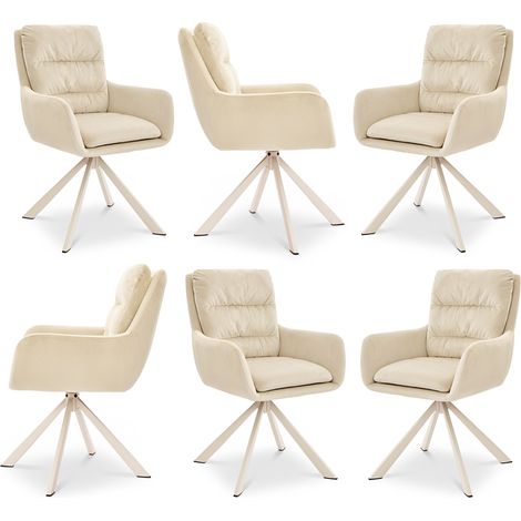Bon Furni Sillas giratorias 360° terciopelo marfil patas blancas, juego de 6