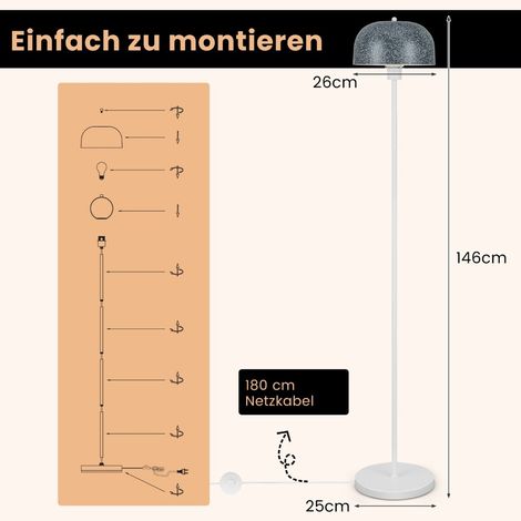 Lampadaire gris 146 cm avec abat-jour effet terrazzo, interrupteur au pied, douille E27 et base lestée pour salon, chambre et bureau (1/5)