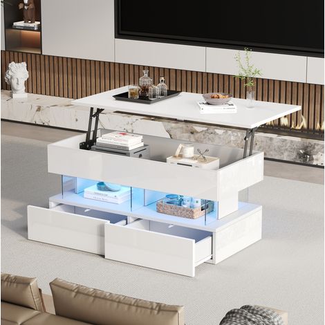 Tavolino da caffè 100x50x46 cm bianco in MDF e acrilico con piano sollevabile LED e 2 cassetti (1/5)