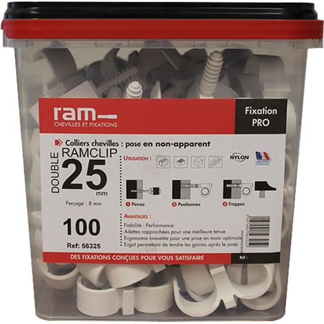 Seau de 100 RAMCLIP blanc double Ø26 pour fixer les gaines souples - Ram (1/3)