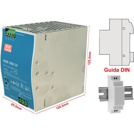 MW MEAN WELL NDR-480-24 Trasformatore Rotaia Industriale 24V 480W 20A Barra Guida DIN Rail Power Supply Input 220V 110V (1/3)