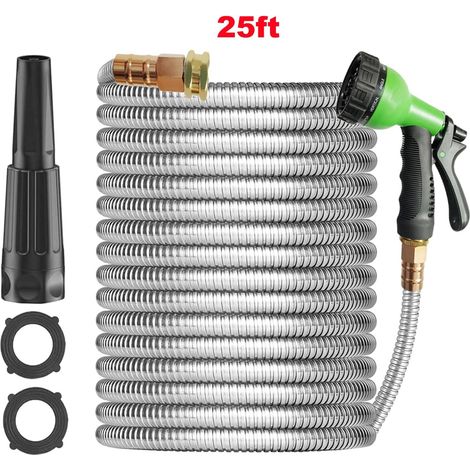 Manguera de agua de metal de 7,6 m - Manguera de agua de acero inoxidable con 2 boquillas, liviana, a prueba de enredos y nudos, resistente, alta presión, flexible, resistente a perros, portátil al ai (1/5)