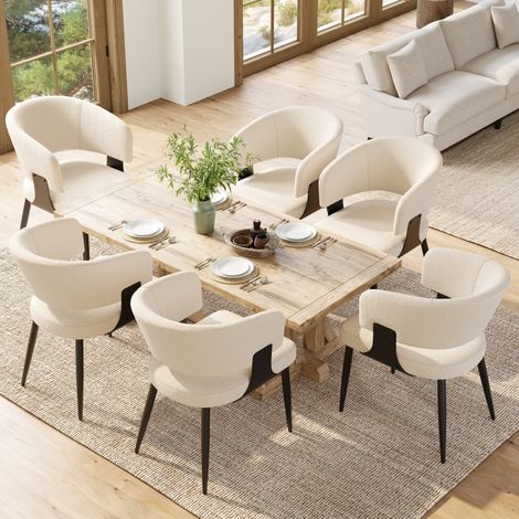Sedia da pranzo in tessuto effetto flanella e metallo beige, schienale curvo ergonomico, 59x46,5x81,5 cm (1/5)