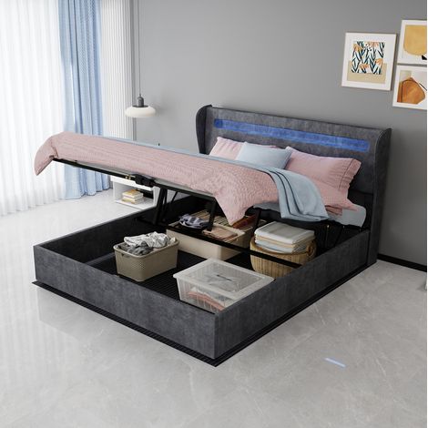 Etagenbett 160/200 cm in Grau mit LED-Beleuchtung und verstellbarem Kopfteil, moderner Stil (1/5)