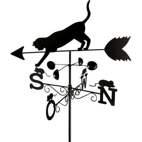 Wenko – Girouette de jardin motif chat et souris – Indique la direction du vent N-S-W-O – Métal noir résistant aux intempéries – Hauteur 170 cm