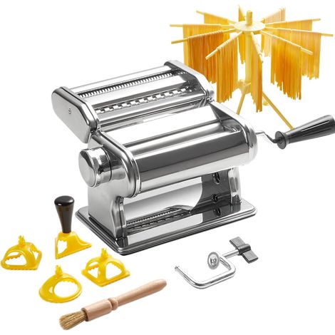 Machine à pâtes manuelle avec séchoir – En acier inoxydable avec 9 épaisseurs de pâte et 2 largeurs de coupe – Pour lasagnes, spaghettis, fettuccine – Raviolis