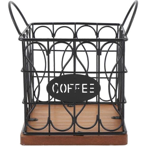 Organisateur porte-dosettes de café, grand panier de rangement en métal avec base en bois pour plan de travail de cuisine