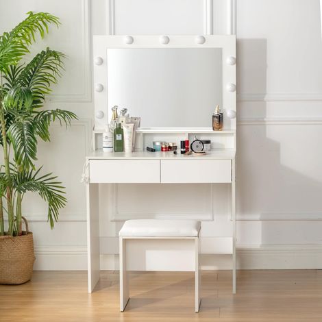 Coiffeuse Style Hollywoodien avec Tabouret, Rectangulaire Miroir LED 3 Couleurs, Table Maquillage Moderne avec Tiroirs, Ensemble Chambre Gain de Place, Blanc Brillant, 80 x 40 x 140cm (1/5)