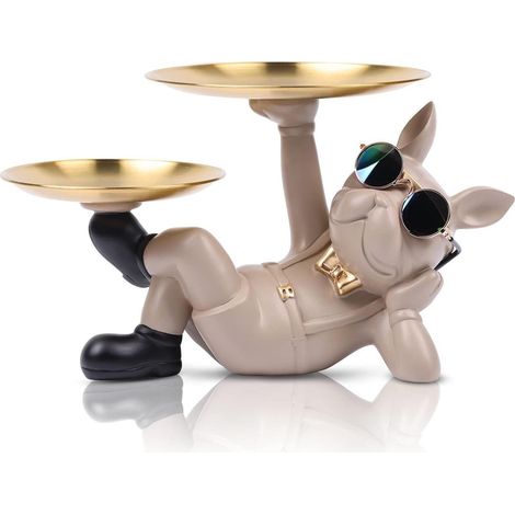Statue Bouledogue Butler Résine Plateau Rangement Clés Portefeuille Créatif Beige (1/5)