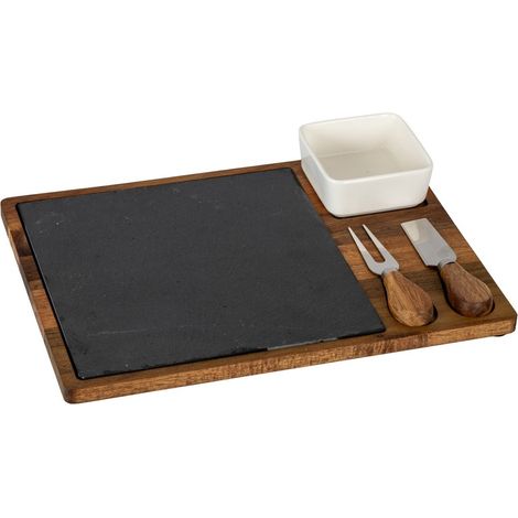Acacia Cheese Board Set with White Bowl, Slate and Cutlery - L24 x W33 x H5 cm - Brown