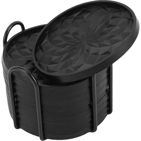 10-teiliges Silikon-Untersetzer-Set mit Halter, für heiße und kalte Getränke, dickwandig, rutschfest und antihaftbeschichtet, für Couchtisch, Bar, Schreibtisch, Tischplatte, Schutz, Schwarz (1/5)