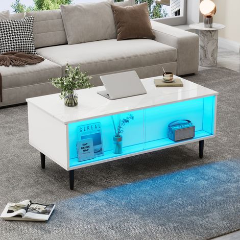 Höhenverstellbarer Couchtisch mit 2 Stauraumfächern, LED per App, Wohnzimmer, 105×50×43 cm, Spanplatte, Weiß (1/5)