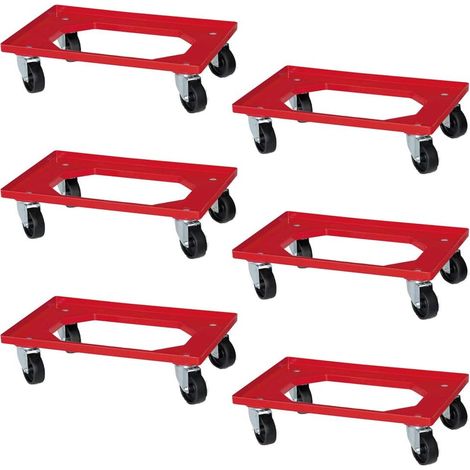 BRB Lot de 6 roulettes de logistique pour caisses de 600 x 400 mm, roues noires, rouges, charge maximale 250 kg