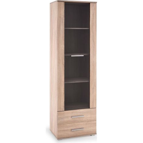 Estantería Cirveso 116, Roble Sonoma, Cerrable, Con cajones, Con puertas, Vidrio templado, Aglomerado laminado, Número de puertas: 1, Número de cajones: 2, 200x60x40cm (1/3)