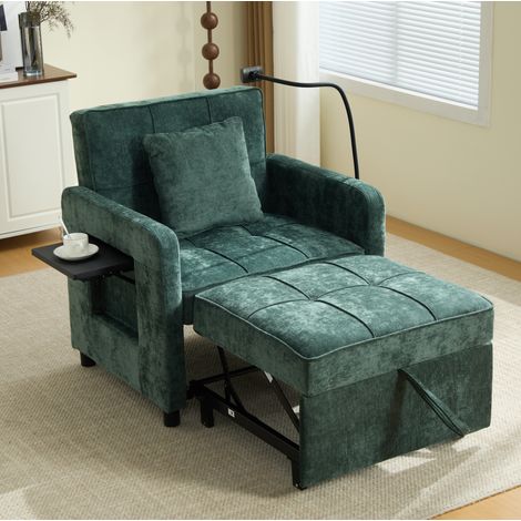 Fauteuil convertible 2 en 1 en chenille verte, 167 x 79 x 83 cm, dossier inclinable 5 positions (1/5)