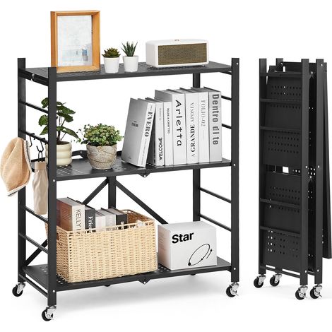 VEVOR Scaffale Portaoggetti Pieghevole a 3 Ripiani con Ruote, Scaffale in Metallo Pieghevole, Robusto Resistente Senza Montaggio, Ideale per Garage, Cucina, Cantina Nero 330 x 760 x 910 mm