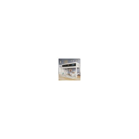 Lit mezzanine enfant 90x200 cm avec tableau blanc et tableau noir, rangement et protection antichute, sans matelas, blanc (1/5)