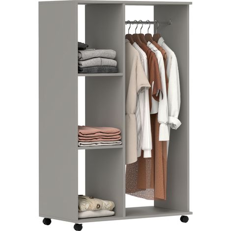 Open Wardrobe on Wheels, Bedroom Wardrobe with Clothes Hanging Rail, 3 Storage Shelves, Mobile Garment Rack for Cloakroom, Hallway, Grey