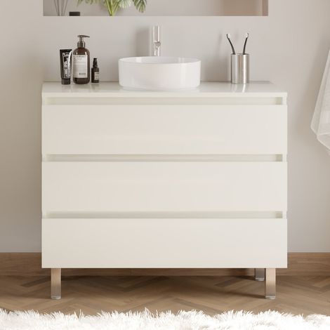 Meuble de salle de bain 100cm avec plateau et vasque à poser ronde - 3 tiroirs - sans miroir - blanc brillant - MAYOR
