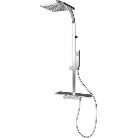 Schulte – Colonne de douche thermostatique avec tablette – Pommeau carré orientable – Douchette à main – Corps en laiton chromé – Mitigeur avec blocage 38°C