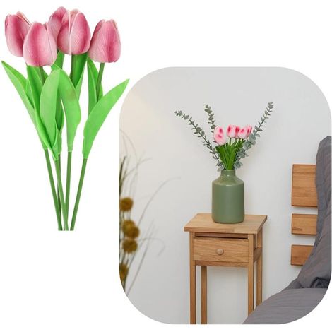 Tulipes artificielles en silicone 34 cm, plantes décoratives pour vase, 5 pièces - Rose (1/5)