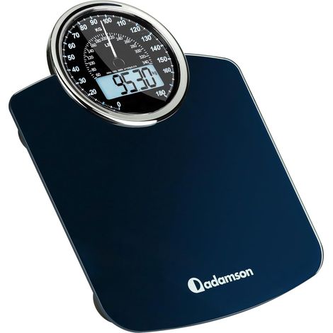 Balance de Salle de Bain Hybride - Analogique et Numérique - Jusqu'à 180 kg Plateau Extra-Large en Verre Trempé, 3 Piles AAA Incluses, Fiable sur Tous les Sols, Écran LCD Rétroéclairé - Bleu Foncé (1/5)