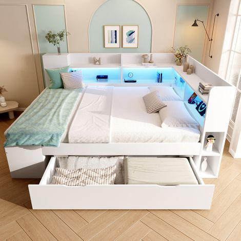 Tagesbett 140x200 cm Weiß aus Holz mit LED-Beleuchtung, USB- und Typ-C-Ladestation sowie Stauraum (1/5)