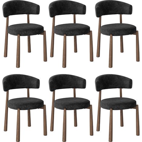 WOLTU Lot de 6 Chaises de Salle à Manger, Tissu en Chenille, Cadre Métallique Aspect Noyer, Siège Rembourré épais, Noir