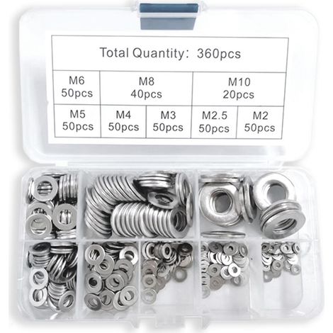 360 pièces Rondelles Metal Inoxydable, pour Gonds de Porte, Joint Plat, Blocage Cuvette Autobloquante, avec 1 Boîte D'Assortiment,8 tailles M2 M2.5 M3 M4 M5 M6 M8 M10 (1/5)