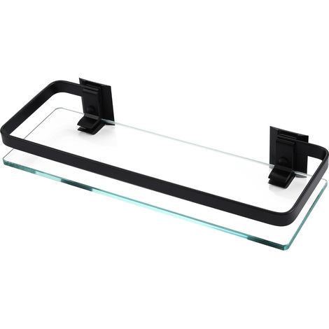 Sollbry Estante de pared para baño de aluminio, vidrio templado extra grueso, cesta rectangular de un nivel, negro, montaje en pared, 35 x 12 x 4,5 cm (1/4)