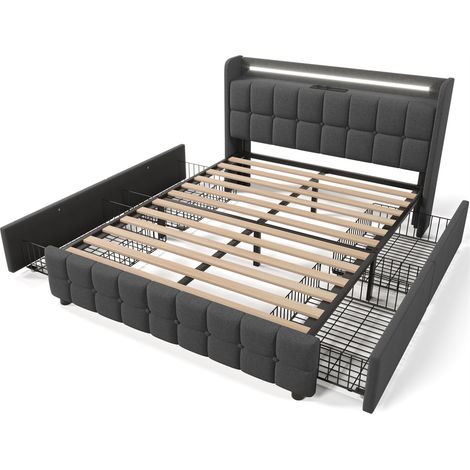 Lit rembourré en gris avec fonction de recharge USB, éclairage LED et 2 tiroirs, cadre de lit à lattes en bois (sans matelas) - 180x200 cm (1/5)