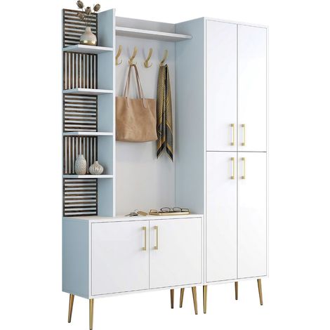 Mobile da Ingresso Paludi, Appendiabiti, 13 Ripiani, Apertura Battente, 150x35x202h cm Bianco