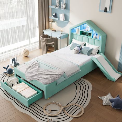 Lit d'enfanten bleu-vert, lit rembourré en forme de maison avec toboggan pouvant être monté à gauche ou à droite, éclairage LED, prise de recharge, 90x200 cm, lit cabane enfants, lit enfant (1/5)