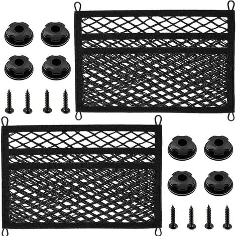 Filet de Rangement 3 Couches pour Coffre de Voiture 45 x 25 cm, Filet à Bagages élastique, Universel pour Voitures, caravanes, camions, Bateaux, Fixation par perçage (2 pièces, Noir) (1/5)