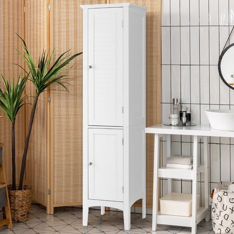 Armoire de salle de bain blanche 160 cm en MDF avec 2 portes, 5 étagères et pieds surélevés pour salle de bain, WC et buanderie (1/5)