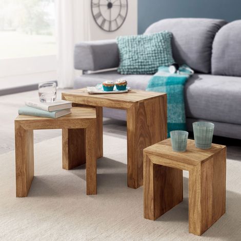 Lot de 3 tables gigognes en acacia massif - MADURAI (1/5)