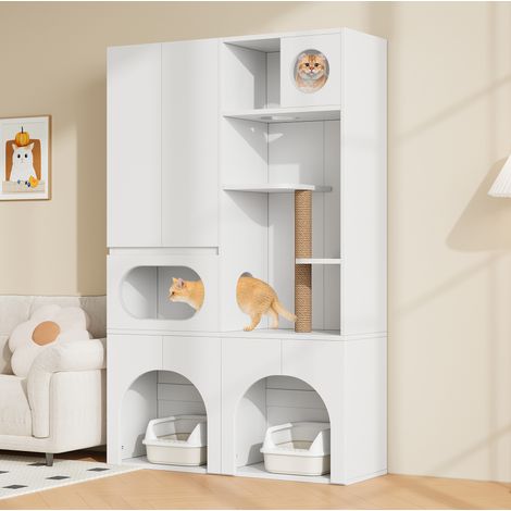 Meuble litière chat 140 x 45 x 195 cm MDF blanc avec griffoir, gain de place – MEUBLIV (1/5)